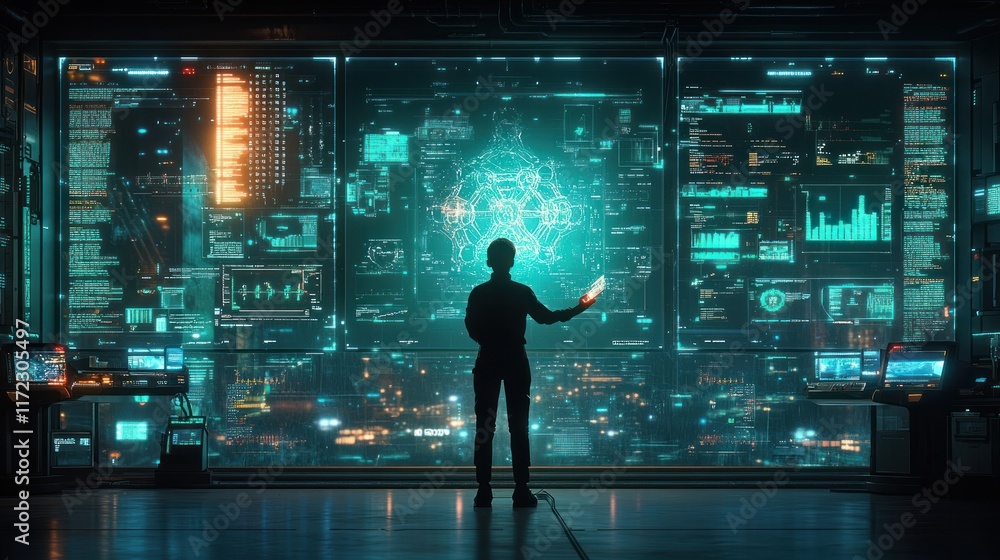 Poster person stands before a high-tech interface displaying data and analytics