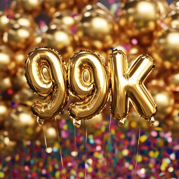 Golden foil balloons spelling "99K" with a vibrant confetti and golden balloon-filled background. Perfect for celebrating milestones, social media achievements, and special occasions.