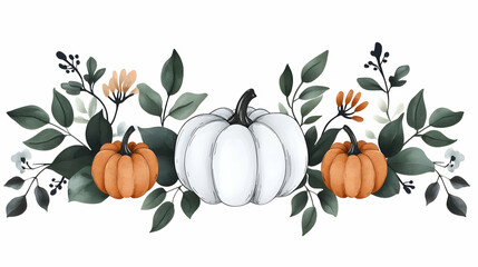 Naklejka premium Autumnal pumpkin arrangement with foliage, ideal for fall-themed designs or seasonal greetings.
