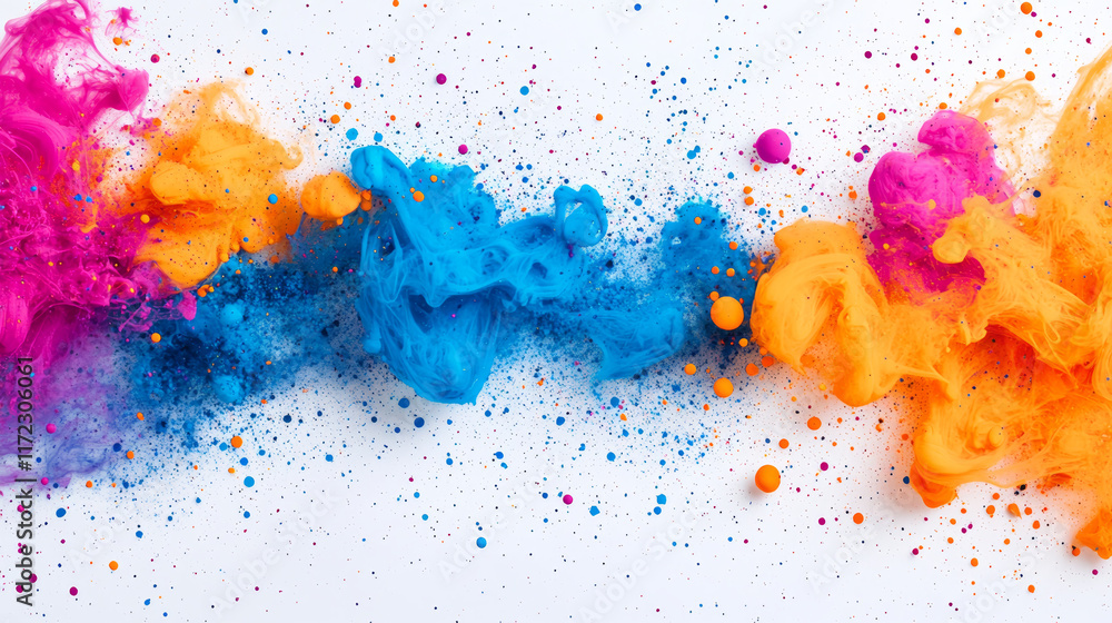 Poster creative top view of colorful ink splashes in vibrant hues, showcasing dynamic movement and artistic