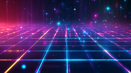 A bright neon-colored, glowing digital grid that combines nostalgia with a contemporary cyber dimension theme