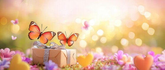 Valetine, Animal, Gift. Colorful butterflies on a gift box surrounded by vibrant flowers.