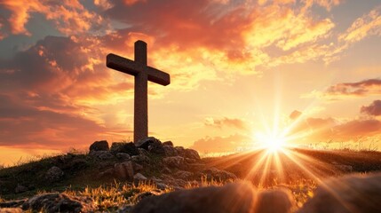 A serene sunset over a cross on a hill, symbolizing hope and faith, with vibrant clouds and radiant light illuminating the scene.