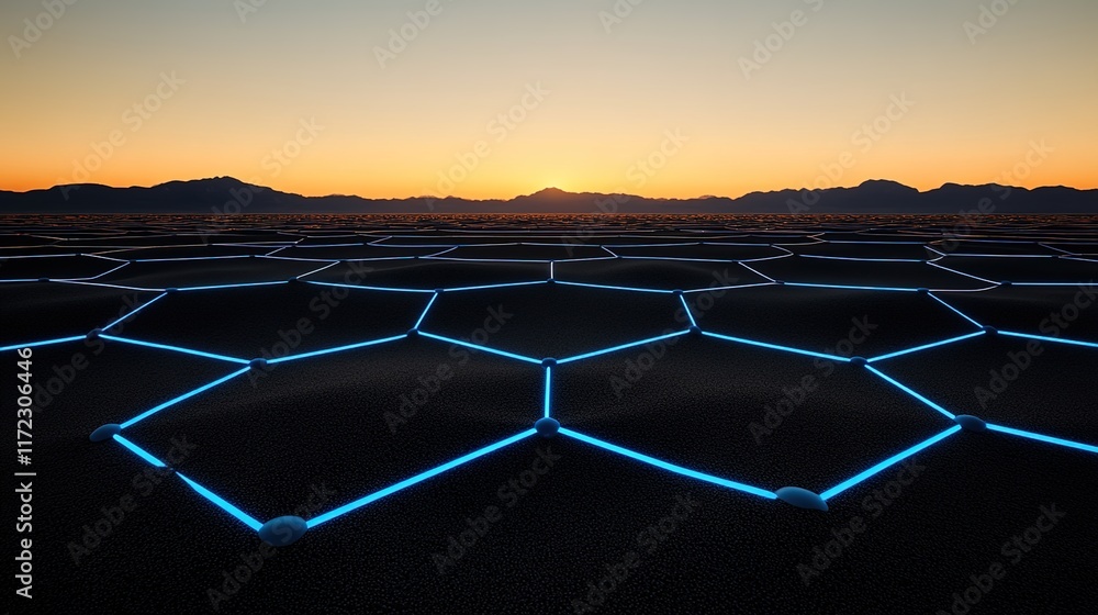 Poster futuristic landscape with hexagonal patterns and vibrant blue lines
