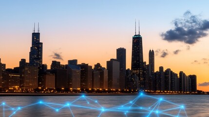 Sunset Skyline of Chicago with Digital Network Overlay Elements