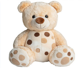 A beige teddy bear with brown patches on its face and feet sits against a white background. Its fluffy texture and soft design make it an adorable decorative piece or gift for children.