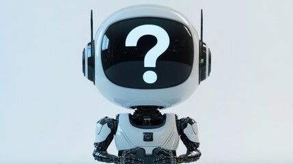 Cartoon-style robot character with question mark on face against light blue background