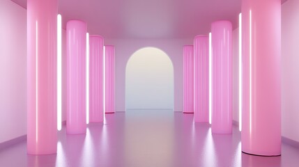 Bright Pink Interior Space with Glowing Columns and Archway Design