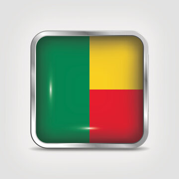 Benin Flag Icon - Glossy Metallic Square Button