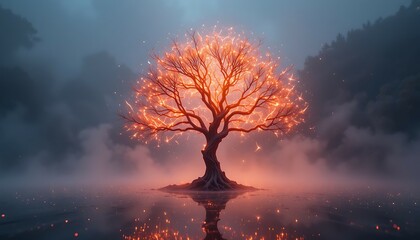 Glowing Tree of Light in Mystical Fog