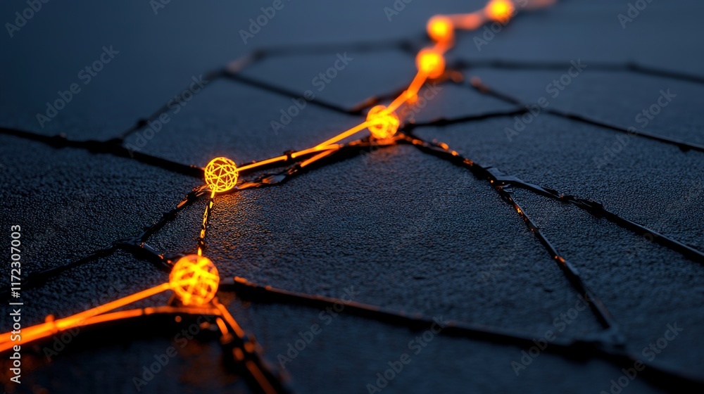 Poster abstract network with glowing orbs on dark surface background