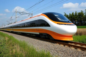 Naklejka premium The exterior of the high-speed train is white and orange. It runs through fields in England on sunny days