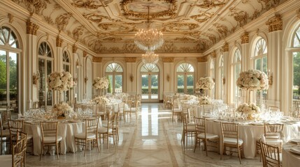 Elegant banquet hall with floral arrangements and chandeliers for events