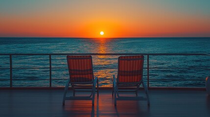 Chairs face sunset on a deck over the ocean horizon.