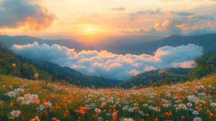 Serene sunset over a valley filled with colorful flowers and clouds