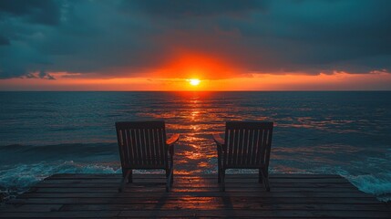 Chairs on pier with orange sunset over ocean.