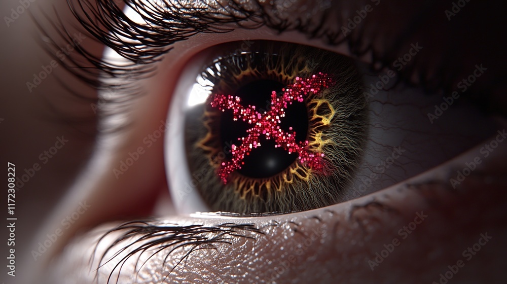 Poster abstract eye with colorful pattern and red cross symbol inside