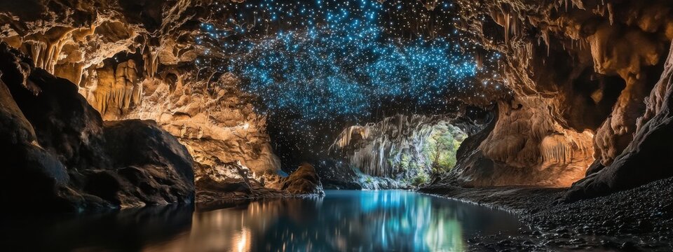 A surreal view of the underground river in Waitomo Caves, New Zealand, Cave scene