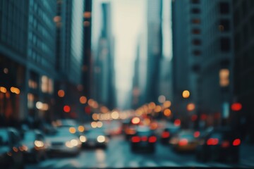 Blurred city street with tall buildings and colorful bokeh lights from traffic creating urban...