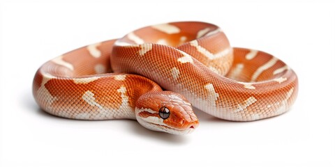 Obraz premium Snake concept. A curled, vibrant orange and white snake resting on a white background.