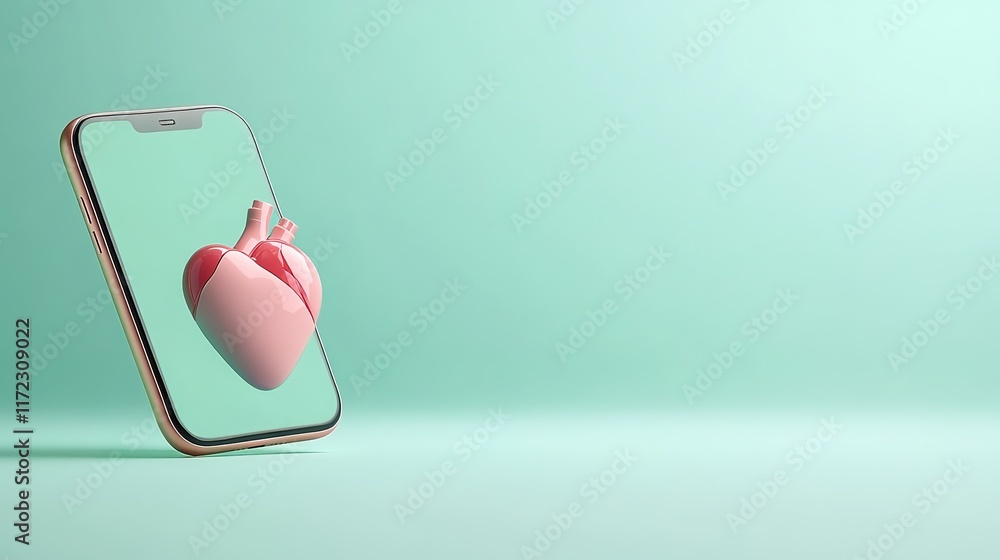 Poster heart model floating above smartphone on soft green background