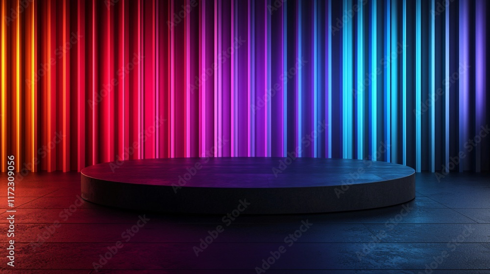 Poster vibrant neon rainbow backdrop with dark circular product display platform