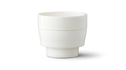 A simple white ceramic cup designed for serving beverages or food.