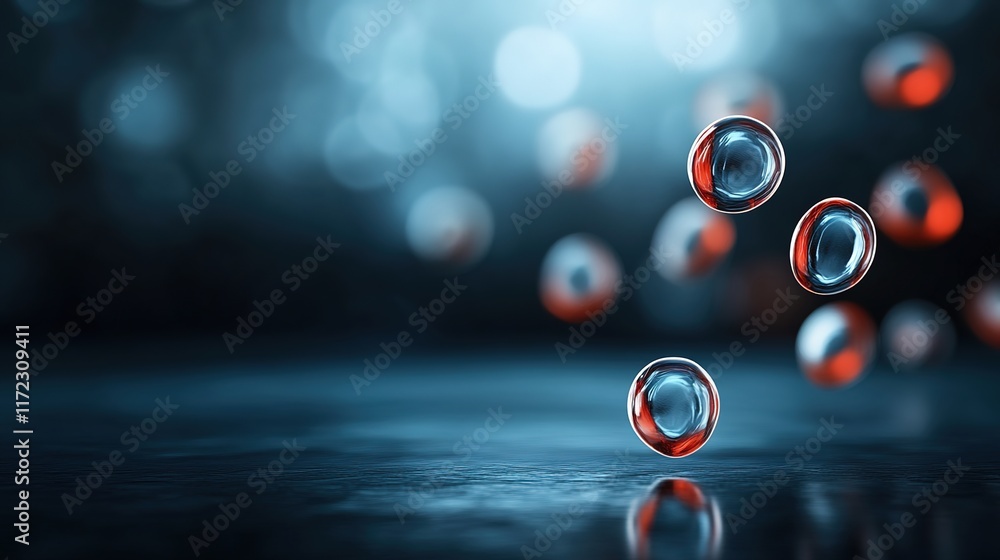Poster floating spheres with red illumination on abstract background