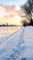 Winter sunset stroll along snowy riverbank, city skyline in background; ideal for travel, nature, and seasonal themes.