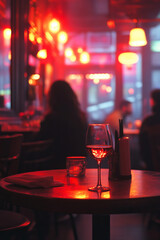 A dimly lit restaurant table features a wine glass, soft red lighting, and a distant couple in conversation, evoking a romantic and introspective mood.
