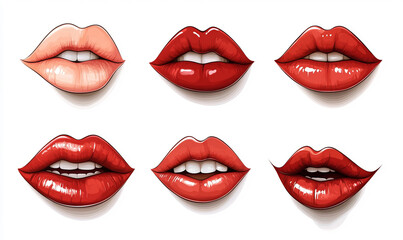 Obraz premium Vibrant red lip prints scattered across a white background evoke themes of love, passion, and Valentine's Day celebration.