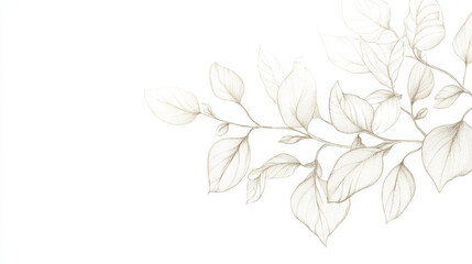 Delicate hand drawn line art of leaves on white background, showcasing nature beauty and elegance