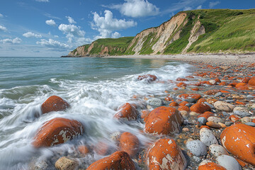 Waves crashing on colorful rocks, coastal cliffs, sunny beach