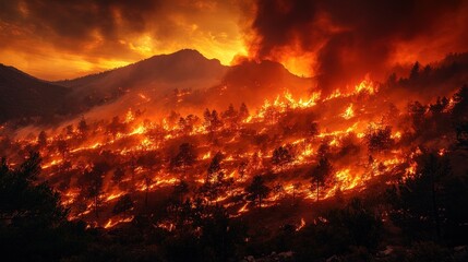 Fototapeta premium Dramatic wildfire engulfing a mountainous landscape at sunset