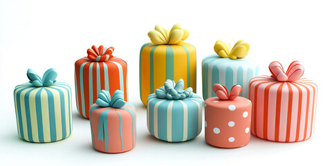 A cheerful collection of cartoon-style gift boxes in various sizes, patterns, and colors rests on a clean white background, perfect for festive designs.