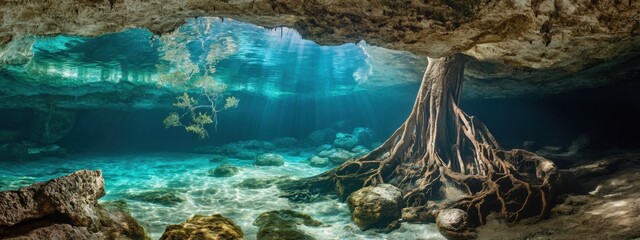Obraz premium A surreal view of the underwater cenotes in the Yucat鐠嬶箯 Peninsula, Mexico, Cave scene