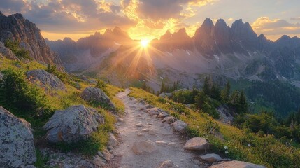 A scenic mountain landscape at sunset, featuring a winding path and vibrant sky.