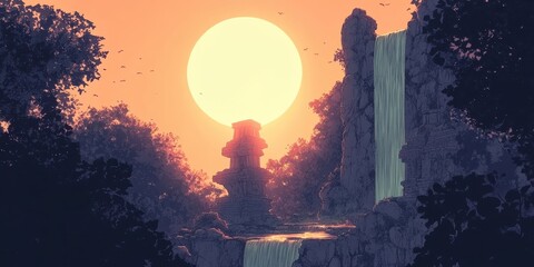 Ancient Ruins Sunset Waterfall Landscape Scene