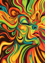 Obraz premium A colorful painting of a woman with a green and yellow head. The painting is abstract and has a lot of different colors