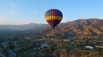 Fototapeta premium A colorful hot air balloon soaring over a picturesque landscape, perfect for a summer travel adventure.