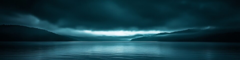 Fototapeta premium Dark, moody lake scene with misty mountains and dramatic sky.