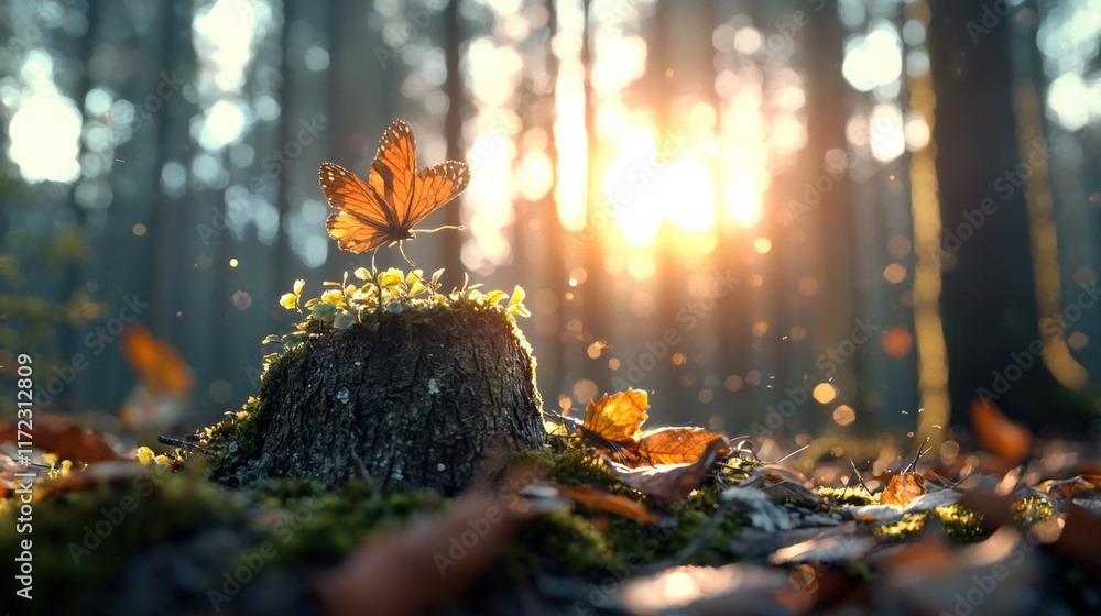 Poster a serene forest scene features a butterfly perched on a small mound, illuminated by soft sunlight fi