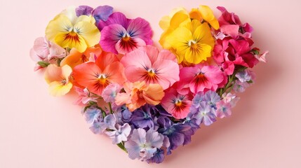 A heart-shaped arrangement of vibrant flowers on a soft pink backdrop.