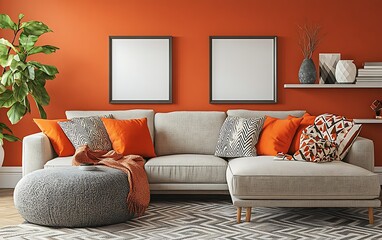Orange wall living room, sectional sofa, cozy decor. Home interior design for website.