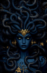 A woman with long, black hair and gold jewelry is depicted in a painting