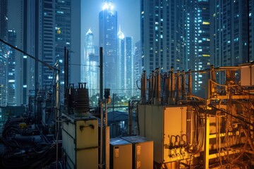 Fototapeta premium A detailed shot of transformers and electrical equipment at night, illuminated by industrial lights, with skyscrapers glowing in the background.