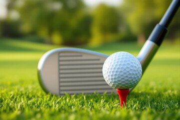 Close-up of a golf ball on a red tee and a club, placed on lush green grass with blurred background. Concept of sports, leisure, and outdoor activity. Ai generative