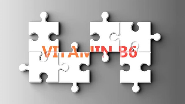 Vitamin B6 as a complex topic - pictured as word vitamin b6 on a puzzle pieces to show that vitamin b6 is a composite subject. Solving a puzzle. Pieces coming together to make a whole