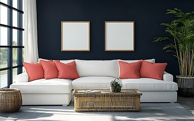 Modern living room interior design, sectional sofa, coral pillows, natural light.
