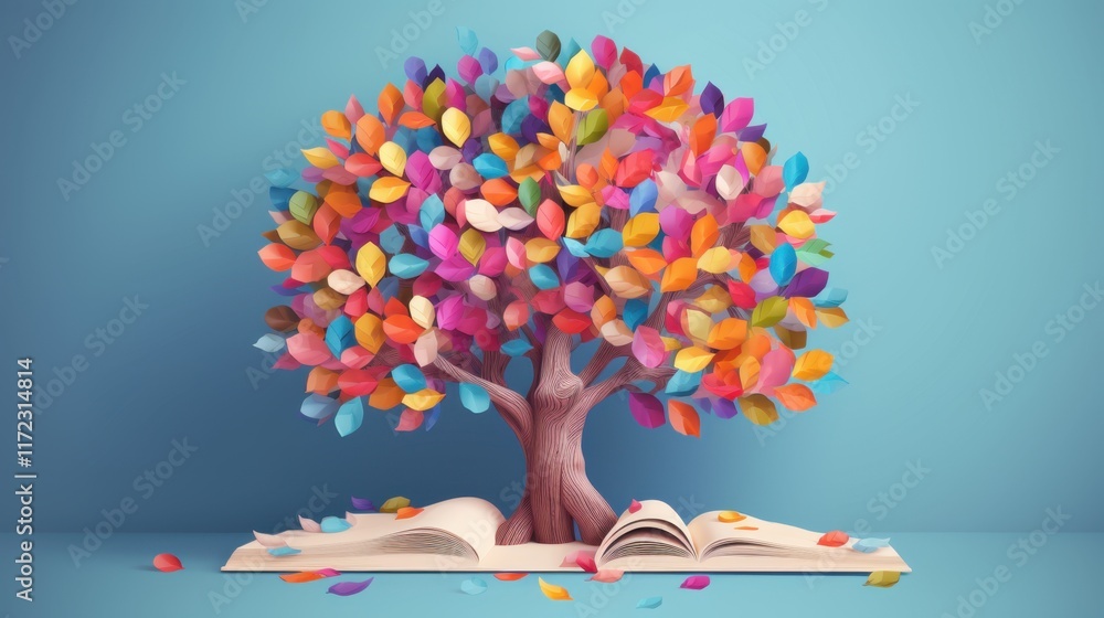 Poster a colorful tree of knowledge growing from an open book: a vibrant illustration of learning and imagi